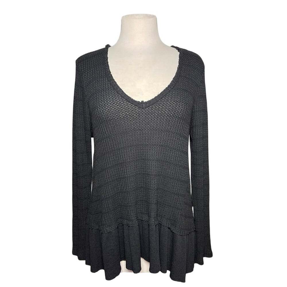 ANTHROPOLOGIE ERI + ALI Women’s Black Waffle Knit Long Sleeve Top